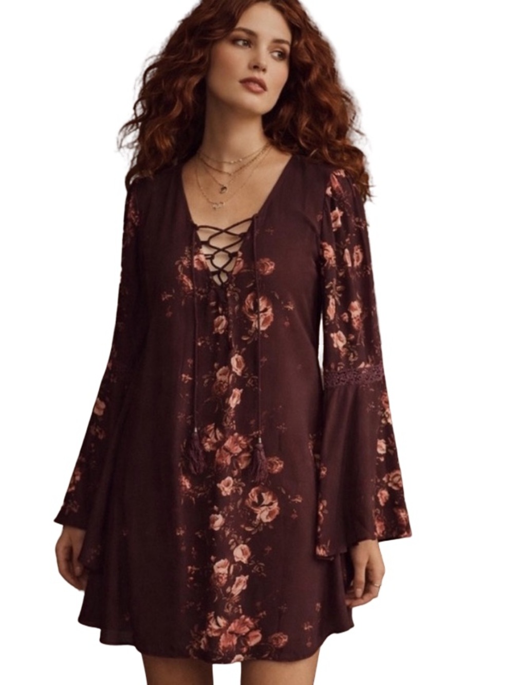 Hint Of Mint Maroon Floral Lace Boho Shift Mini Bell Sleeve Lined Dress